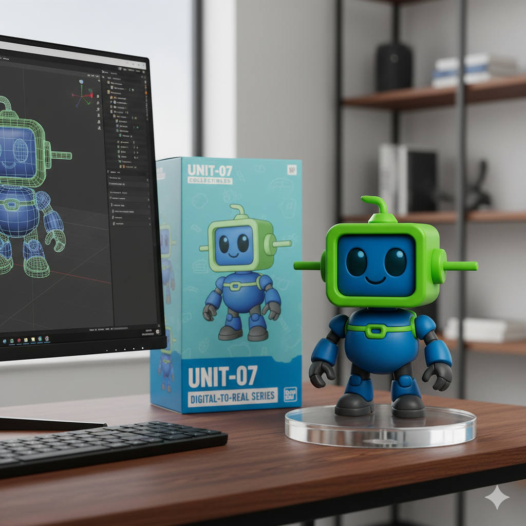 Mockup de figura 3D con base acrílica y caja coleccionable